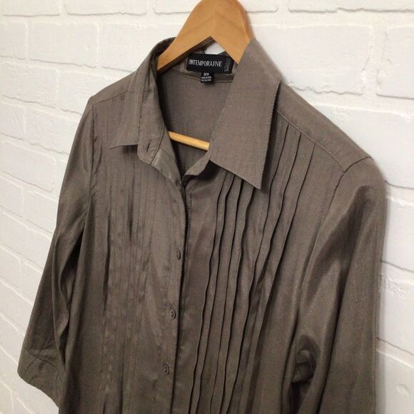 2/40$ CONTEMPORAINE pleated long blouse tunic maroon medium shinny 3/4 sleeves - Picture 4 of 16